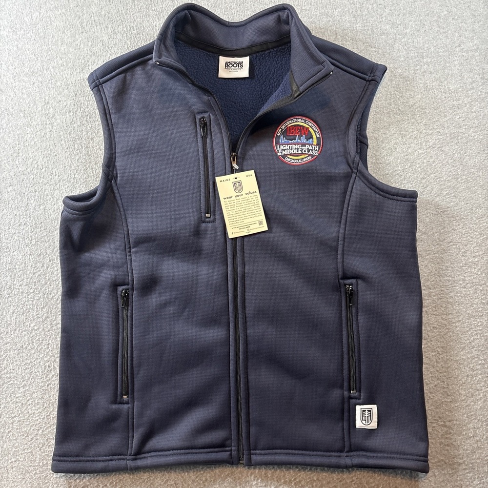American Roots Navy Sleeveless IBEW Vest Sz L New Zip Pockets Chicago Union